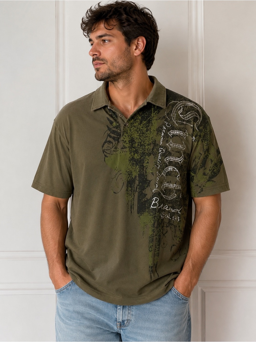 Men's Cinch Olive Graphic Polo Shirt XL